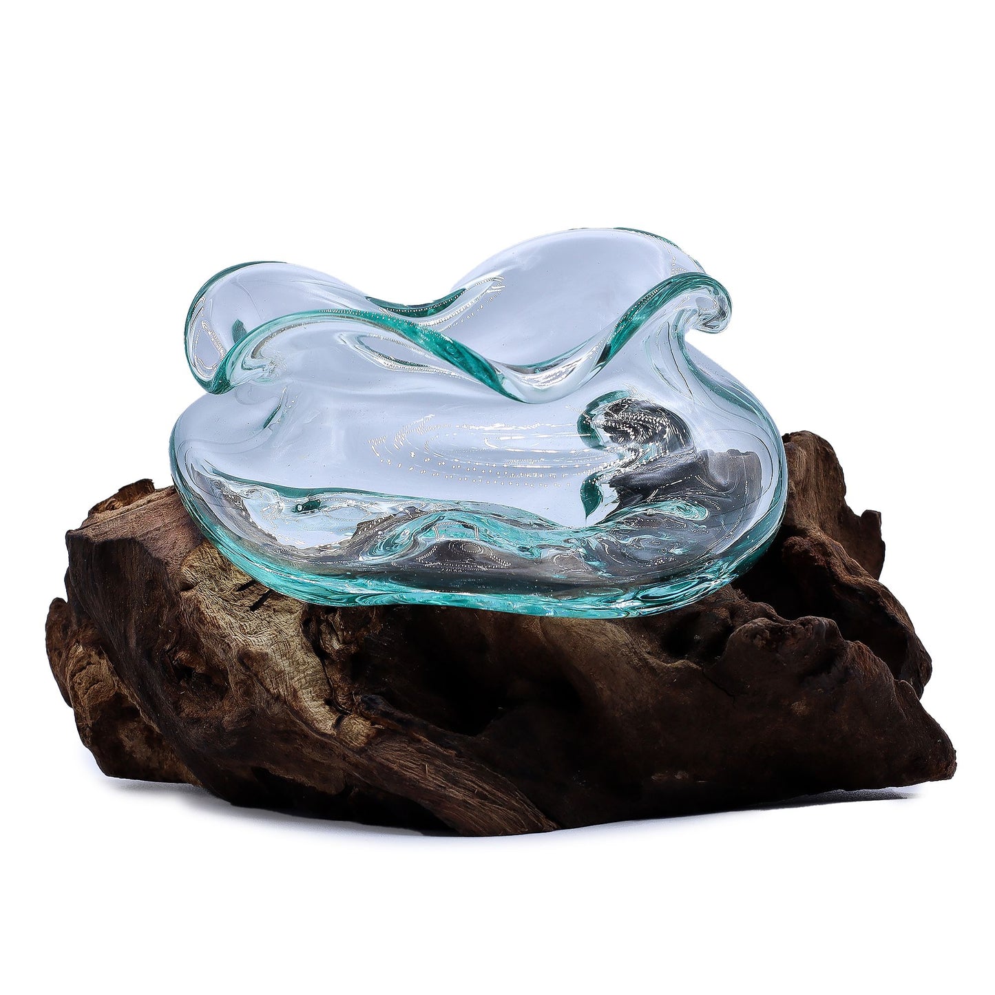 Molten Glass Wavy Bowl on Driftwood | Handmade Balinese Art | 18cm | 8.5x10x15cm | New