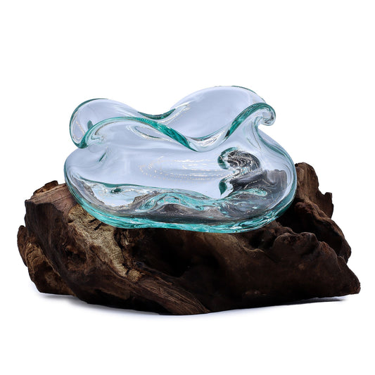 Molten Glass Wavy Bowl on Driftwood | Handmade Balinese Art | 18cm | 8.5x10x15cm | New
