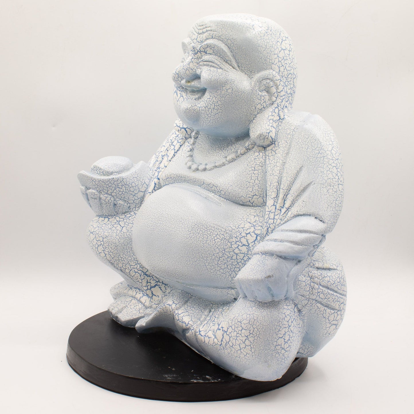 Laughing Buddha Lamp | Sky Blue Crackle Finish | Round Stand | Handmade in Indonesia | New