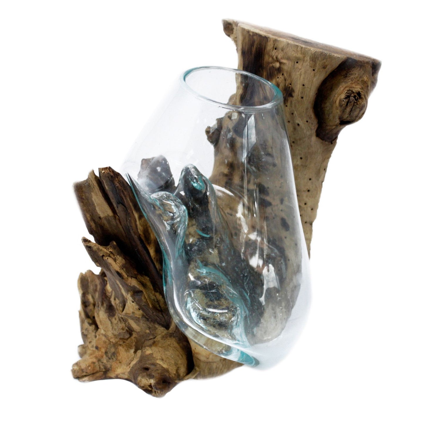 Molten Glass Hanging Bowl on Driftwood | Handmade Balinese Art | 15x24x24cm | New