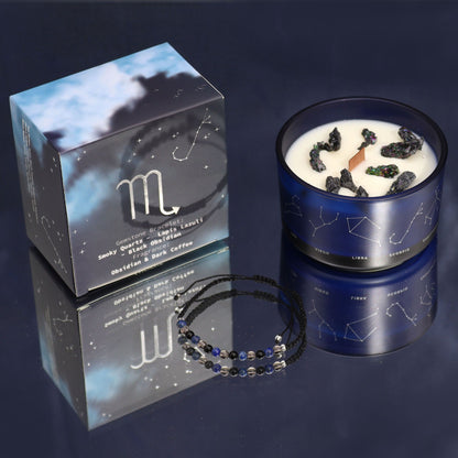 Scorpio Birthday Zodiac Candle and Crystal Bracelet Gift Set | Soy Wax | Smoky Quartz and Lapis Lazuli and Black Obsidian