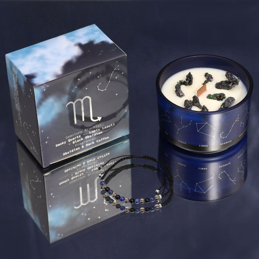 Scorpio Birthday Zodiac Candle and Crystal Bracelet Gift Set | Soy Wax | Smoky Quartz and Lapis Lazuli and Black Obsidian