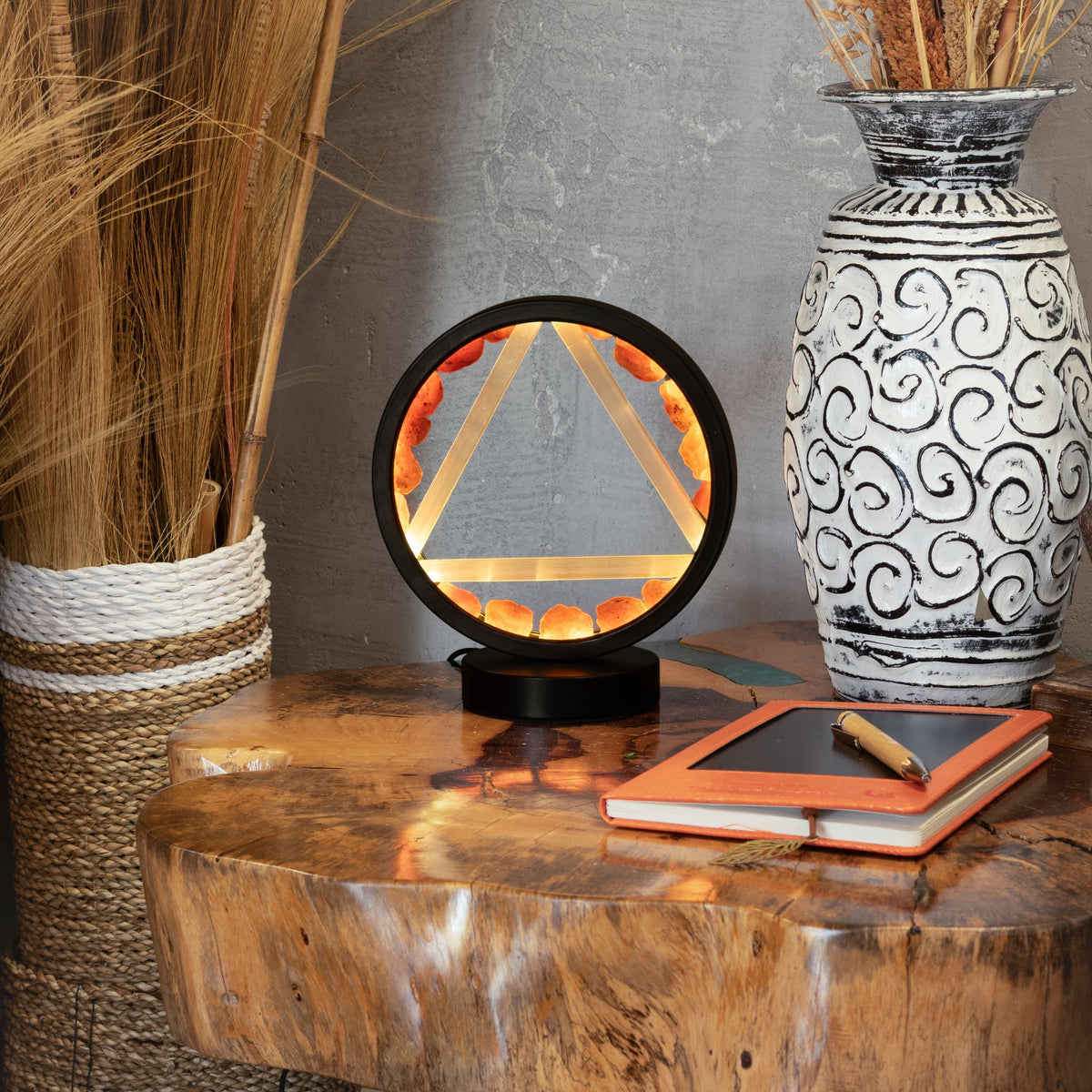 Fire Element gemstone halo lamp with carnelian and selenite, USB powered crystal light | Crawford & Bond