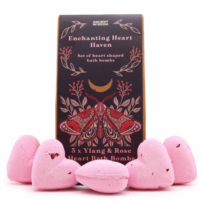 Enchanting Heart Heaven Bath Heart Gift Set | 5 Heart Bath Bombs | Ylang and Rose | Vegan | Handmade England | New