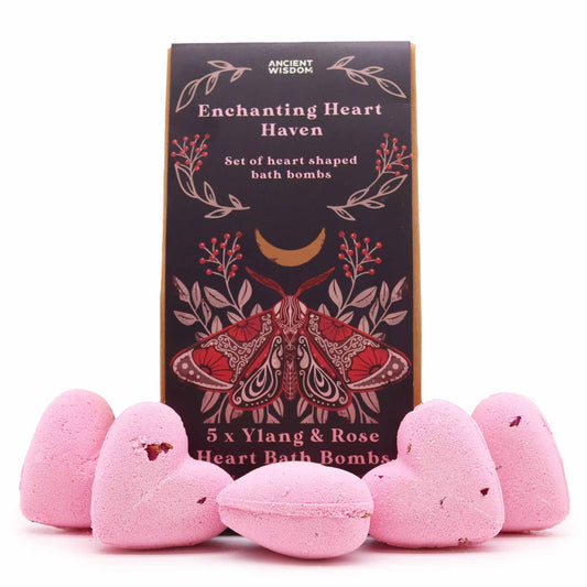 Enchanting Heart Heaven Bath Heart Gift Set | 5 Heart Bath Bombs | Ylang and Rose | Vegan | Handmade England | New