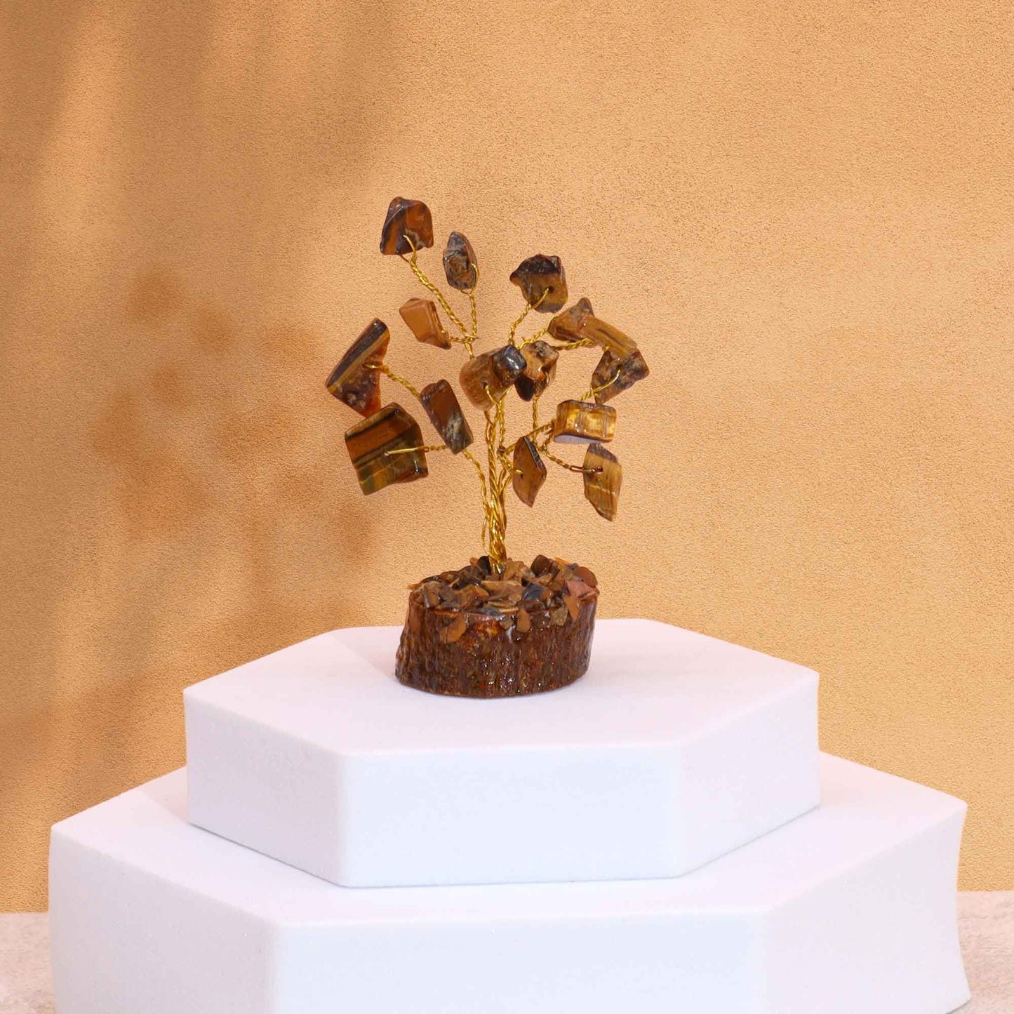Mini Tiger Eye Gemstone Tree on Wood Base | 15 Stones | 4x3x6cm | New