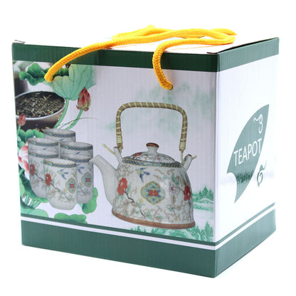 White Stone Bamboo Design Ceramic Herbal Teapot Set 7 Piece | Elegant Oriental Tea Lover Gift