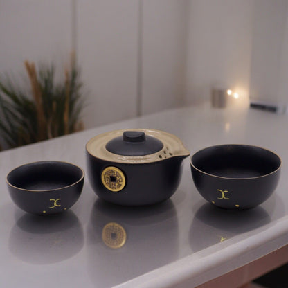 Money Cat Teapot and Cup Travel Set | Black Ceramic | 3 Piece | Lucky Cat Gift Pack | Good Fortune