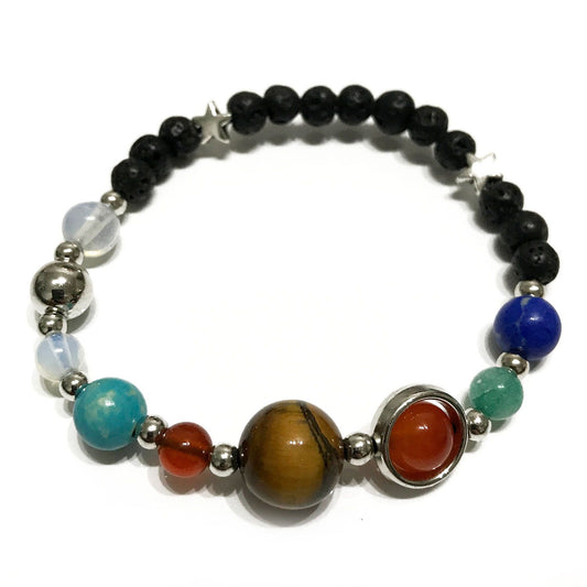 Silver Solar System Lava Stone Bracelet | Planet Beads | Essential Oil Diffuser Beads | Stretch Fit | Unisex