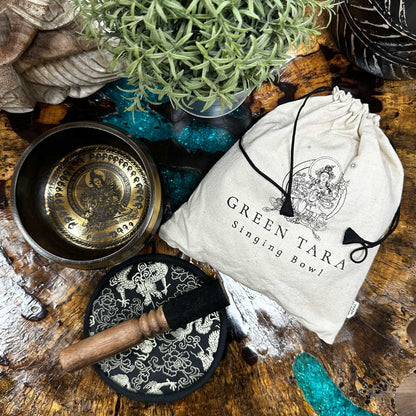 Green Tara Singing Bowl Gift Set | Hand Beaten and Engraved | 14cm | Brass | New