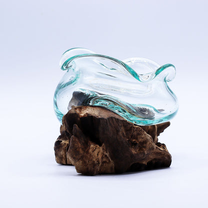 Molten Glass Wavy Bowl on Driftwood | Handmade Balinese Art | 18cm | 8.5x10x15cm | New