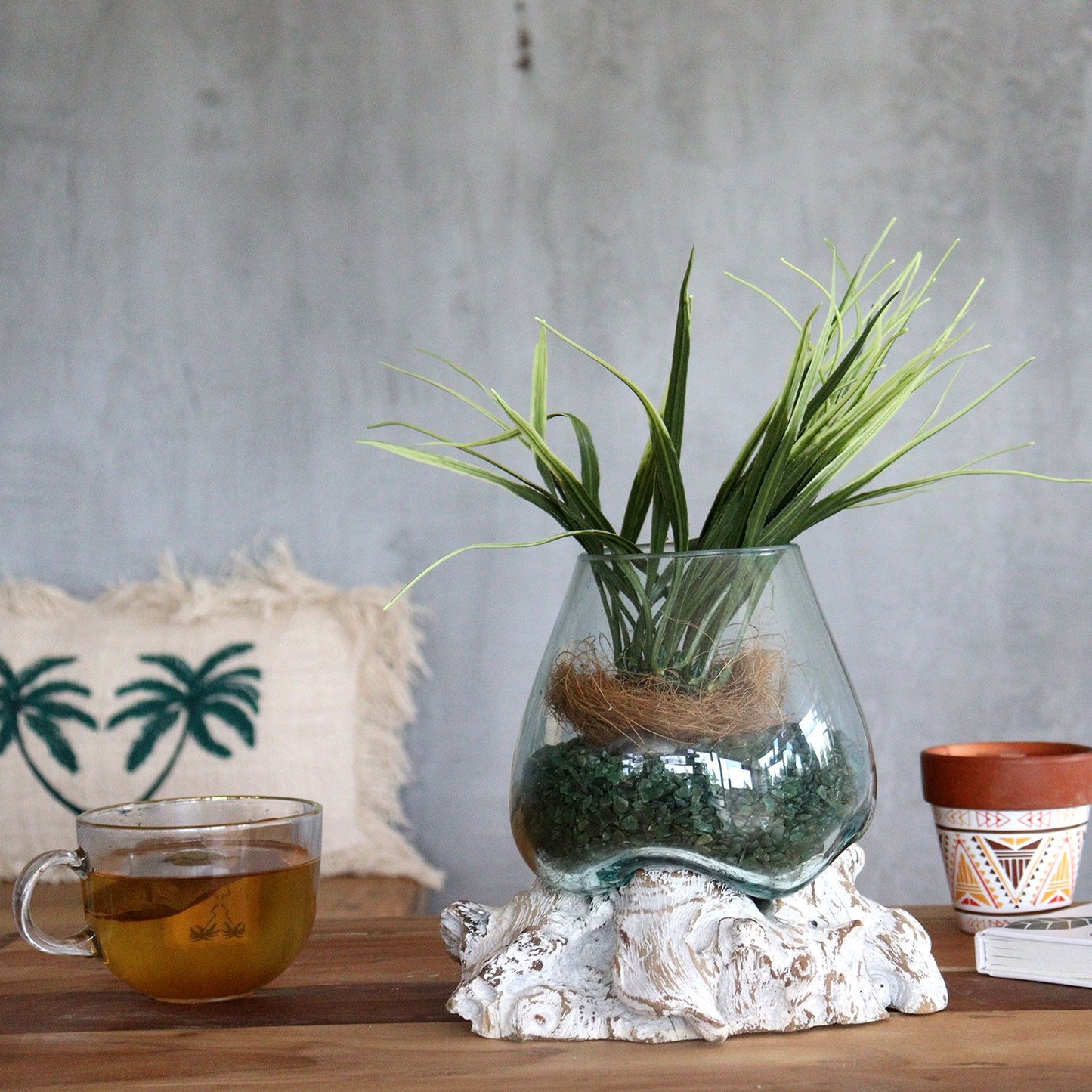 Molten Glass on Whitewash Wood | Small Bowl | Handmade in Bali | 13x11x10cm | New
