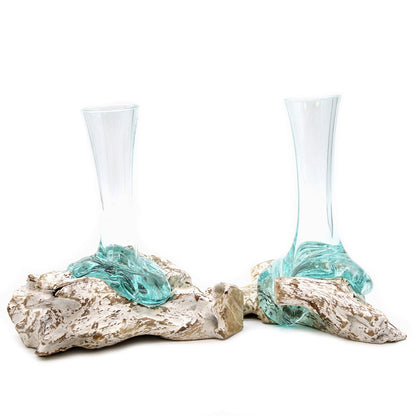 Molten Glass Vase on Whitewash Wood | Medium | Handmade in Bali | 24x16x12cm | New