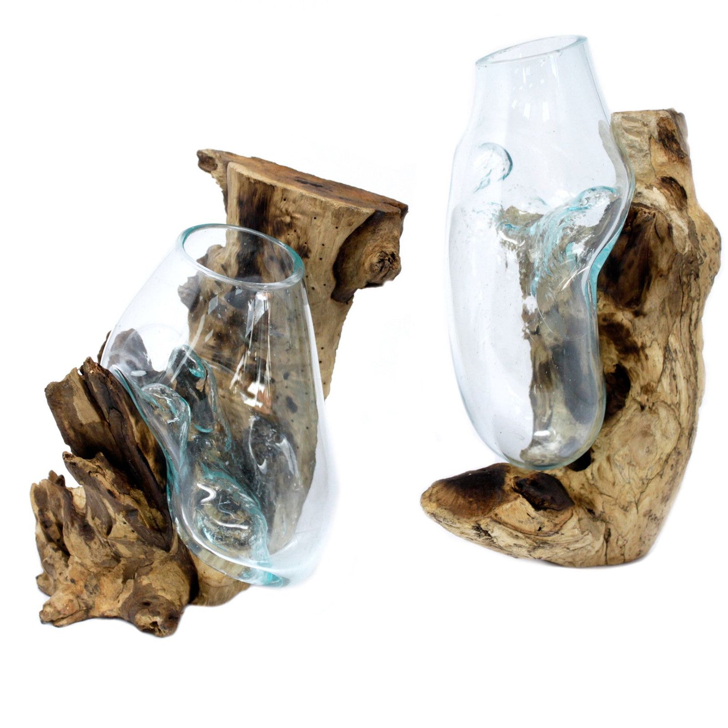 Molten Glass Hanging Bowl on Driftwood | Handmade Balinese Art | 15x24x24cm | New