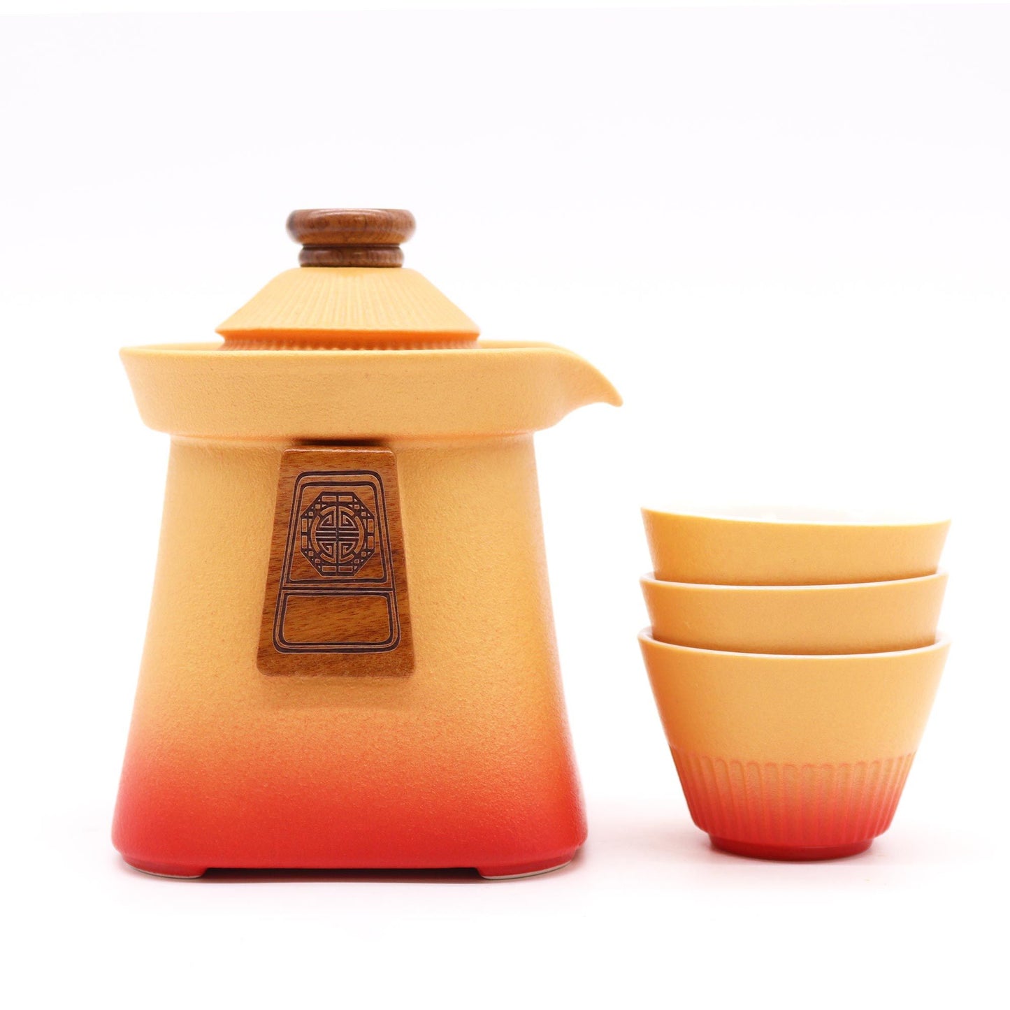 Orange Earth Ceramic Temple Teapot Set 4 Piece | 1 Pot and 3 Cups | Cultural Tea Lover Gift