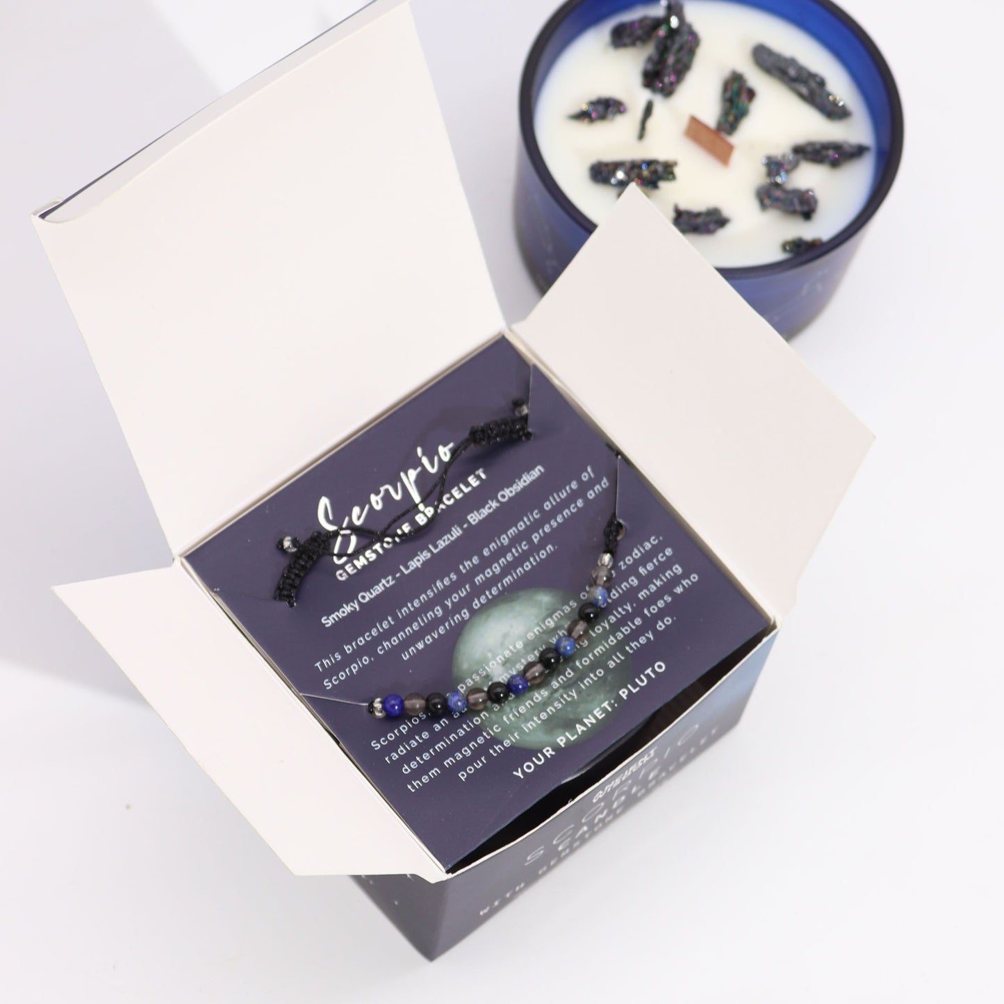 Scorpio Birthday Zodiac Candle and Crystal Bracelet Gift Set | Soy Wax | Smoky Quartz and Lapis Lazuli and Black Obsidian