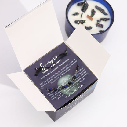 Scorpio Birthday Zodiac Candle and Crystal Bracelet Gift Set | Soy Wax | Smoky Quartz and Lapis Lazuli and Black Obsidian