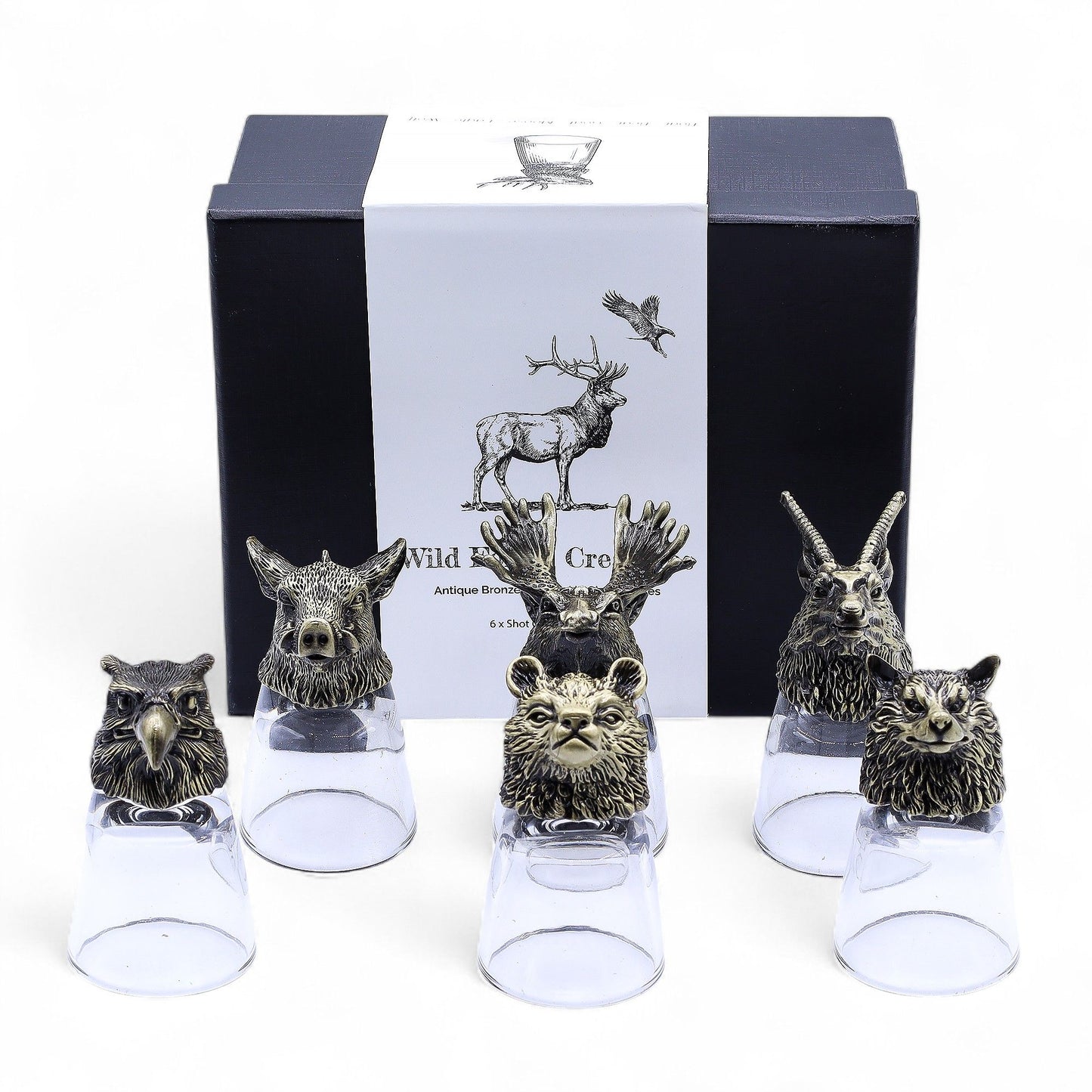 Wild Forest Creatures Shot Glass Gift Set of 6 | 50ml | Antique Bronze | Novelty Barware | New
