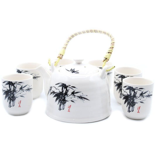 White Stone Bamboo Design Ceramic Herbal Teapot Set 7 Piece | Elegant Oriental Tea Lover Gift