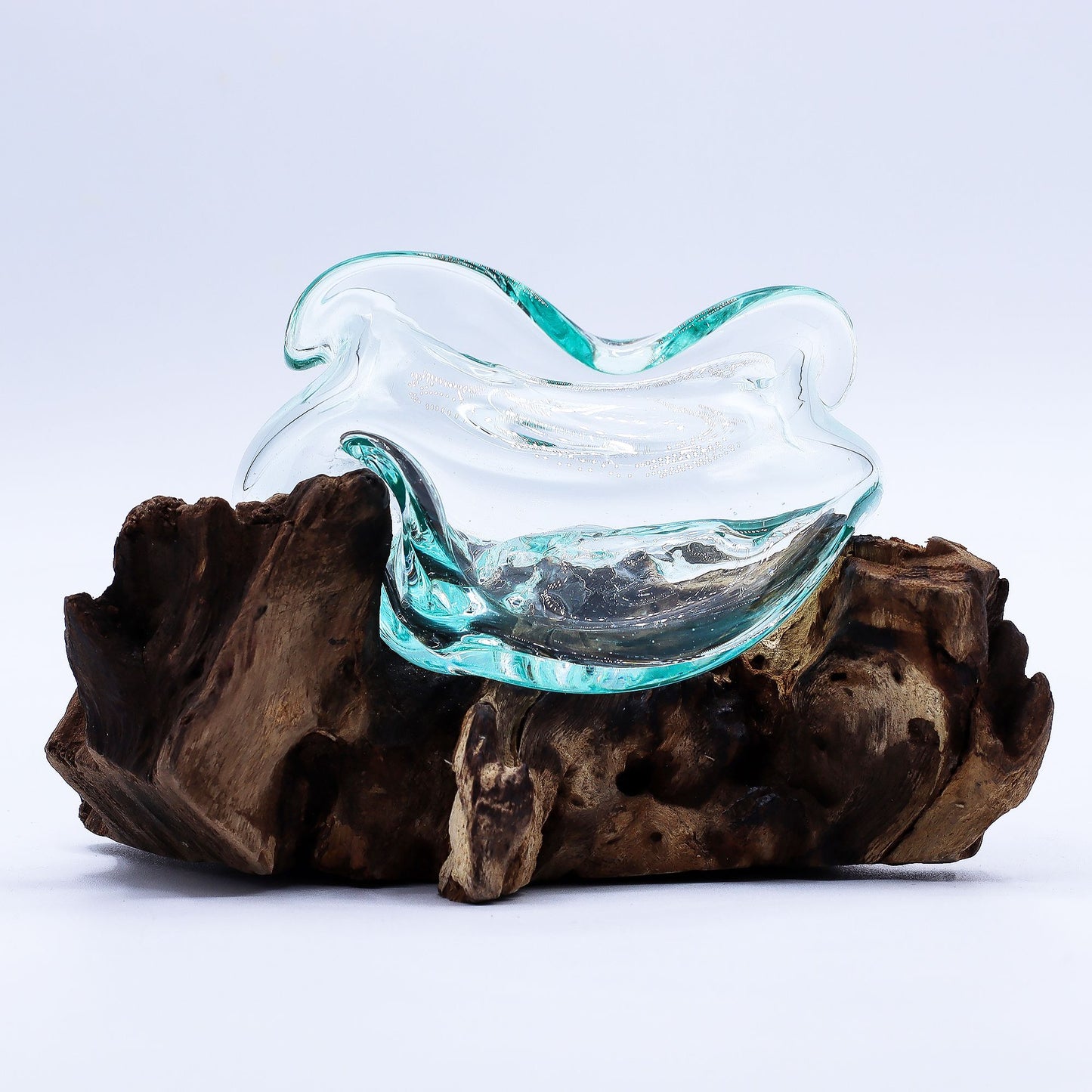 Molten Glass Wavy Bowl on Driftwood | Handmade Balinese Art | 18cm | 8.5x10x15cm | New