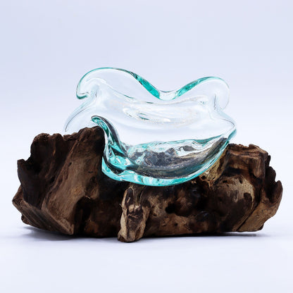 Molten Glass Wavy Bowl on Driftwood | Handmade Balinese Art | 18cm | 8.5x10x15cm | New