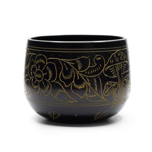 Magic Mushroom cauldron singing bowl in black and yellow, 15cm, with engraved mushroom and flower design