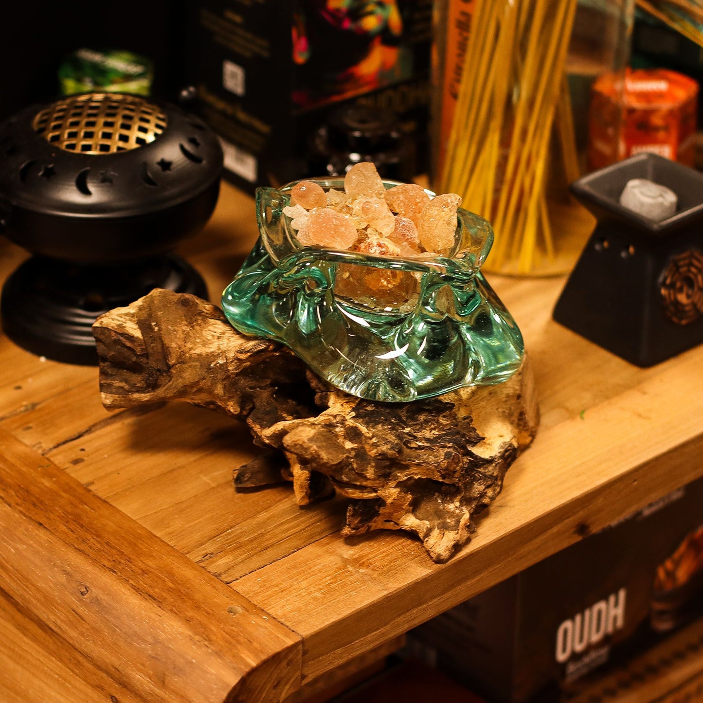Molten Glass Chunky Ashtray & Candle Holder on Driftwood | 23cm | 11x14x19.5cm | New