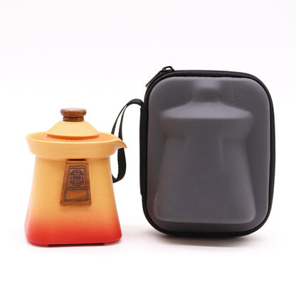 Orange Earth Ceramic Temple Teapot Set 4 Piece | 1 Pot and 3 Cups | Cultural Tea Lover Gift