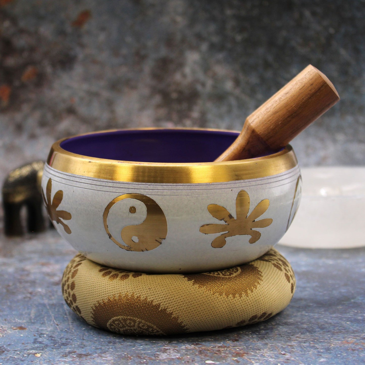 Yin and Yang Singing Bowl Set | White and Purple | 14cm | Brass | New