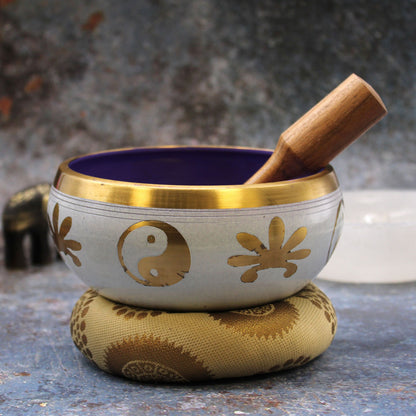Yin and Yang Singing Bowl Set | White and Purple | 14cm | Brass | New