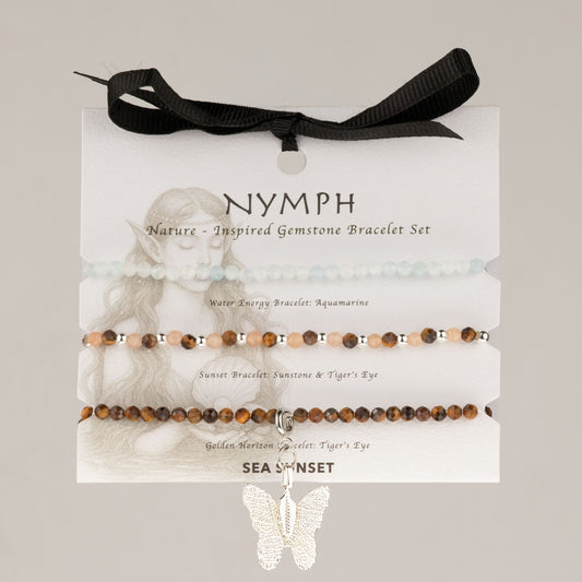 Sea Sunset Nymph Spirit gemstone bracelet set of three on its gift card with ribbon