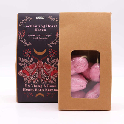 Enchanting Heart Heaven Bath Heart Gift Set | 5 Heart Bath Bombs | Ylang and Rose | Vegan | Handmade England | New