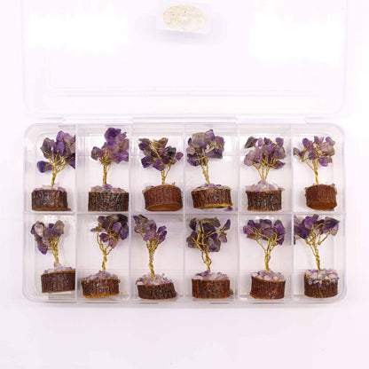 Mini Amethyst Gemstone Tree on Wood Base | 15 Stones | 4x3x6cm | New