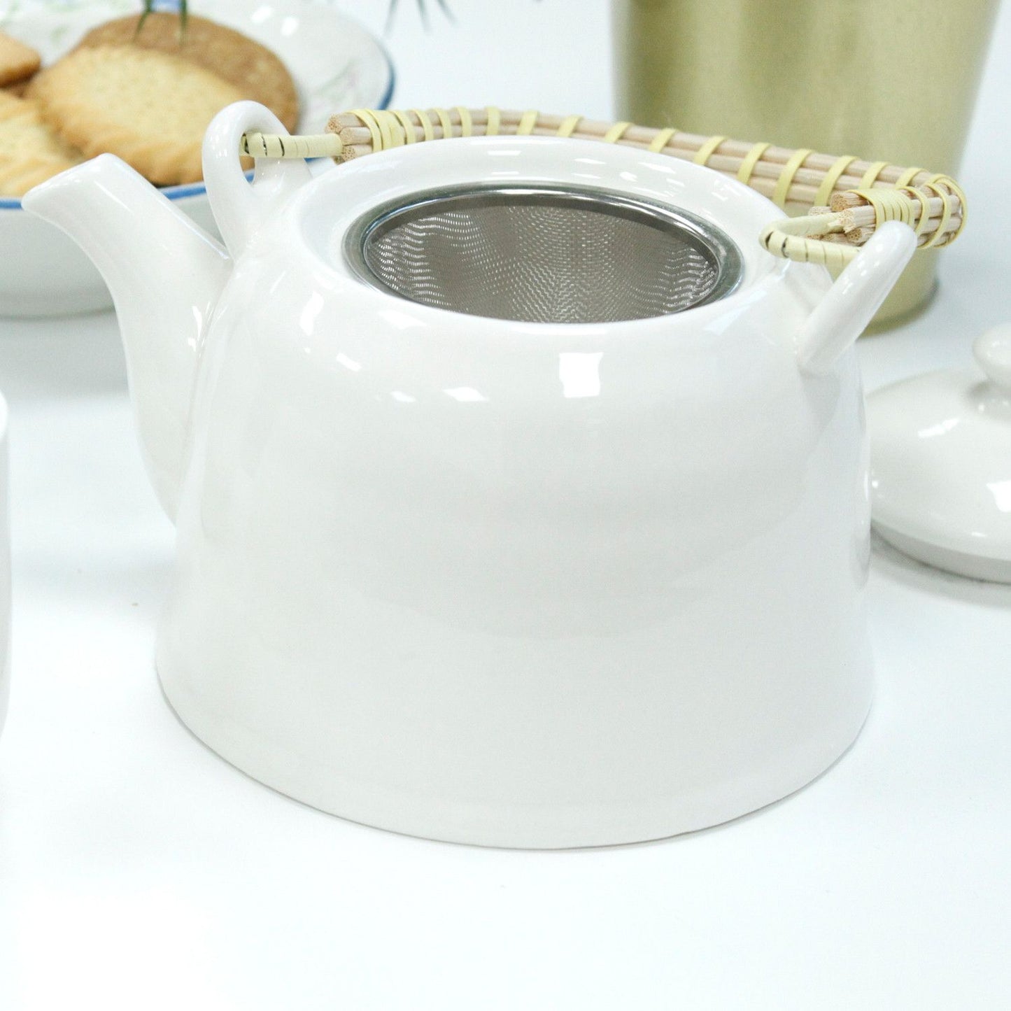 Classic White Ceramic Herbal Teapot Set 7 Piece | Artisan Style | Timeless Tea Lover Gift Set