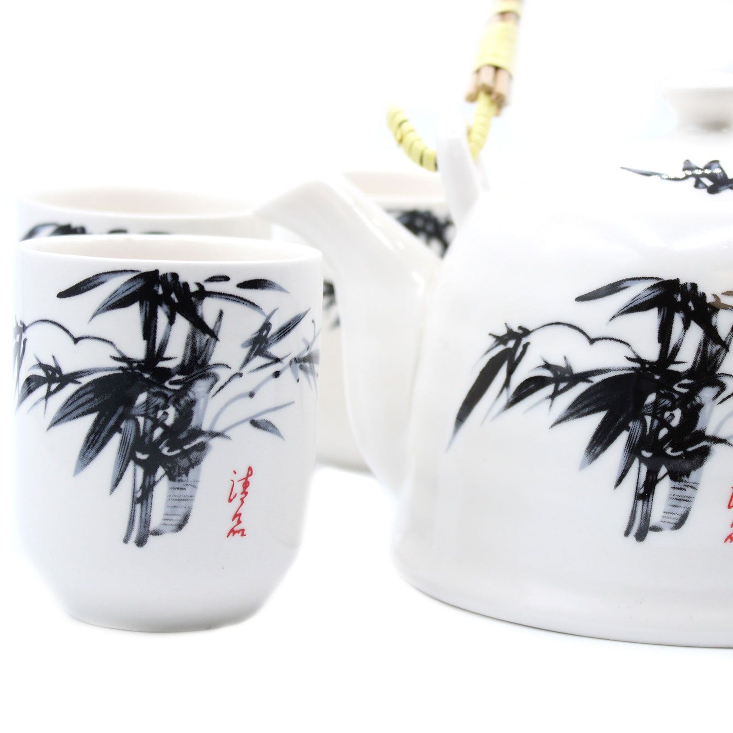 White Stone Bamboo Design Ceramic Herbal Teapot Set 7 Piece | Elegant Oriental Tea Lover Gift
