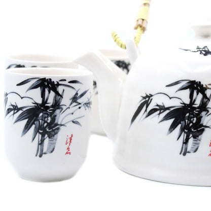 White Stone Bamboo Design Ceramic Herbal Teapot Set 7 Piece | Elegant Oriental Tea Lover Gift