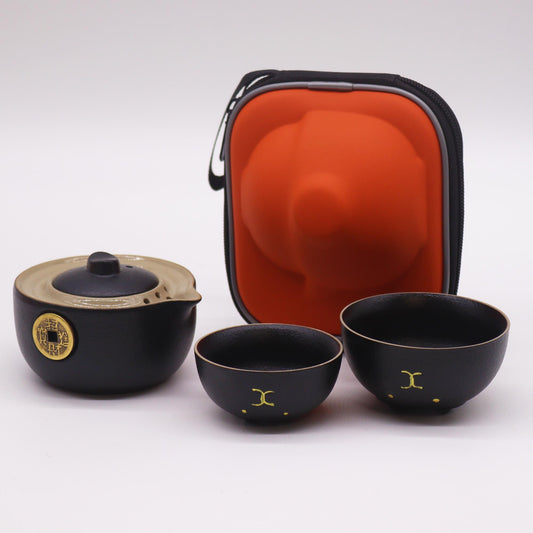 Money Cat Teapot and Cup Travel Set | Black Ceramic | 3 Piece | Lucky Cat Gift Pack | Good Fortune
