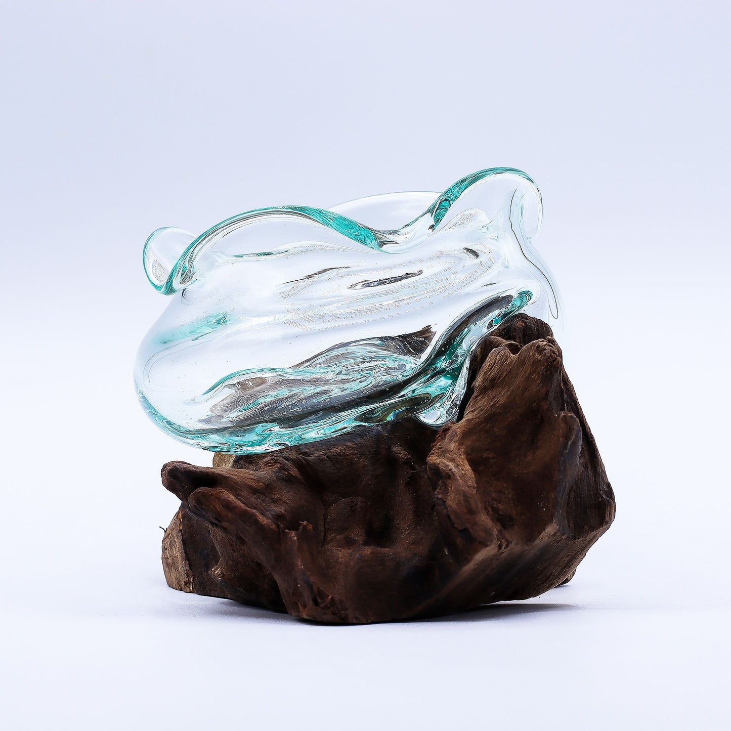 Molten Glass Wavy Bowl on Driftwood | Handmade Balinese Art | 18cm | 8.5x10x15cm | New