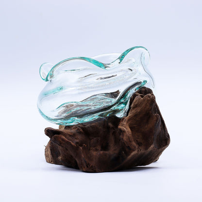 Molten Glass Wavy Bowl on Driftwood | Handmade Balinese Art | 18cm | 8.5x10x15cm | New