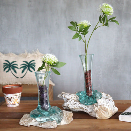 Molten Glass Vase on Whitewash Wood | Medium | Handmade in Bali | 24x16x12cm | New