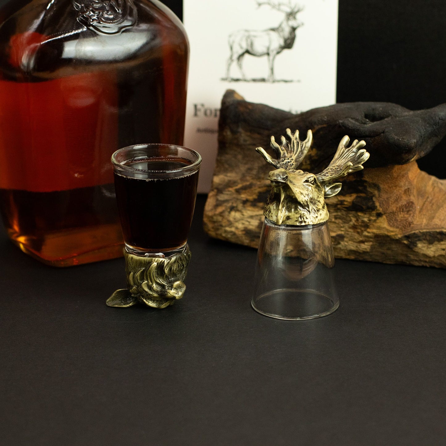 Bottom Up Shot Glass Gift Set of 12 | Forest & Mystical Creatures | 25ml | Antique Bronze | New