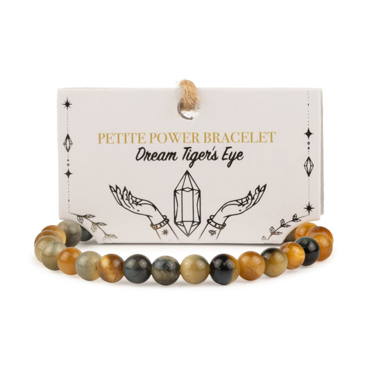 Dream Tiger's Eye petite power bracelet with 6mm beads on its illustrated presentation card