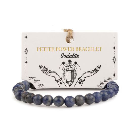 Sodalite petite power bracelet with 6mm beads on its illustrated presentation card