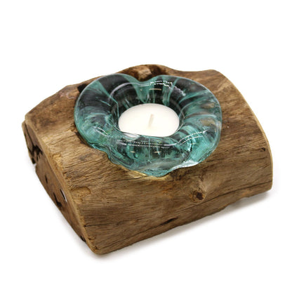 Molten Glass Candle Single Holder on Driftwood | Handmade in Bali | 14x17x9cm | New