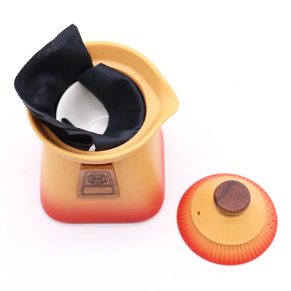 Orange Earth Ceramic Temple Teapot Set 4 Piece | 1 Pot and 3 Cups | Cultural Tea Lover Gift