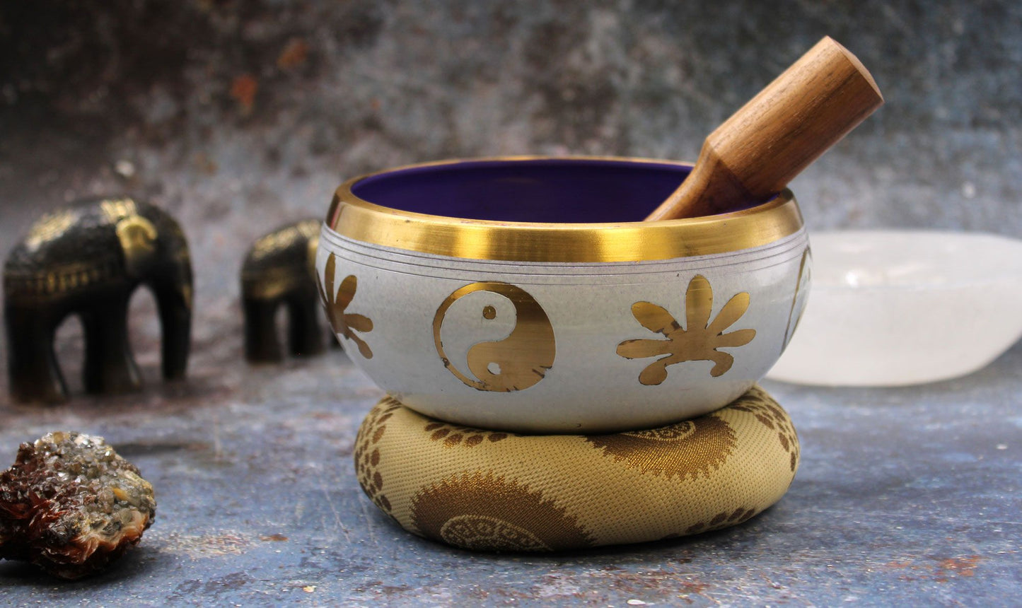Yin and Yang Singing Bowl Set | White and Purple | 14cm | Brass | New