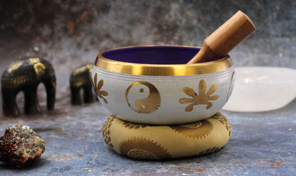 Yin and Yang Singing Bowl Set | White and Purple | 14cm | Brass | New