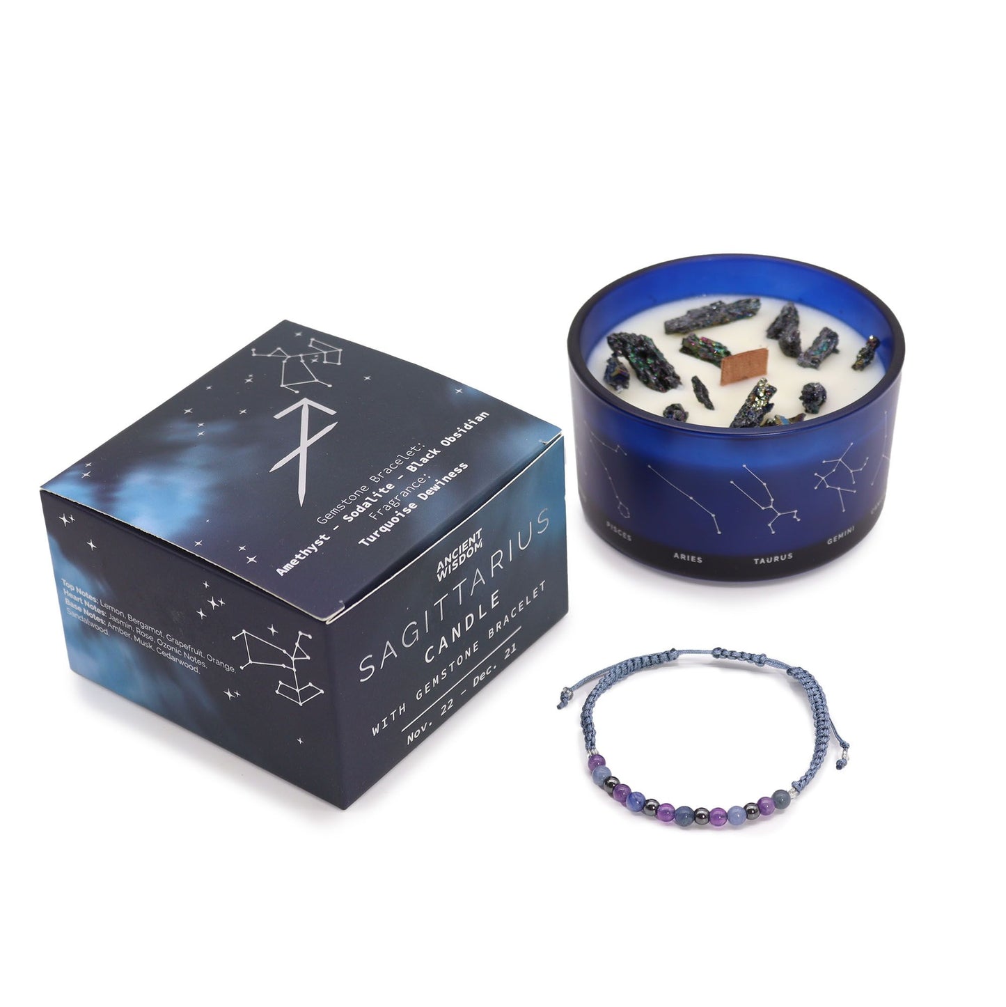 Sagittarius Birthday Zodiac Candle and Crystal Bracelet Gift Set | Soy Wax | Amethyst and Sodalite and Black Obsidian