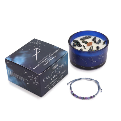 Sagittarius Birthday Zodiac Candle and Crystal Bracelet Gift Set | Soy Wax | Amethyst and Sodalite and Black Obsidian