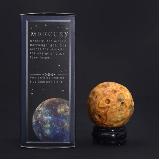 Mercury Gemstone Planet Crazy Lace Jasper Sphere 40mm | Solar Goldstone Stand | Luck Chance Communication